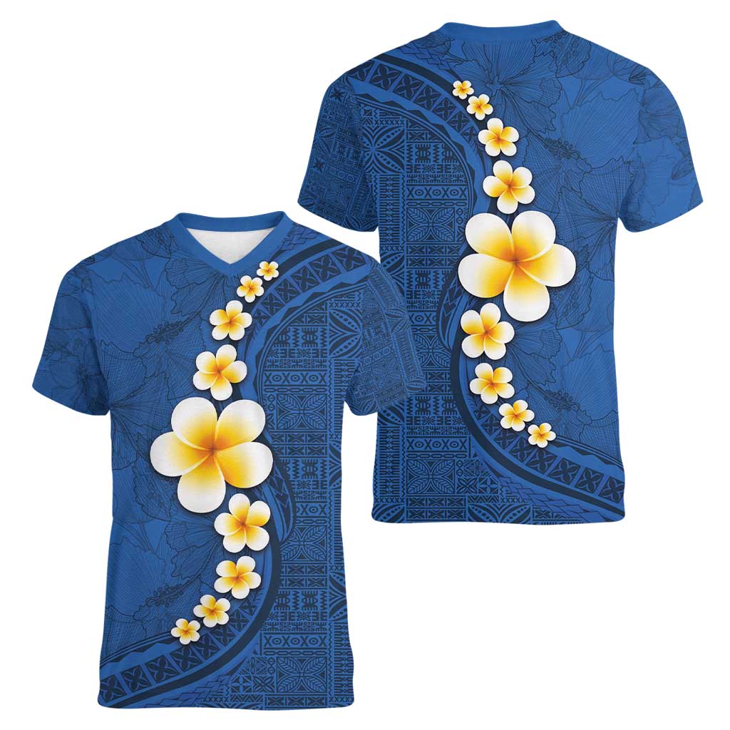 Polynesian Hibiscus and Plumeria with Tapa Pattern Women V-Neck T-Shirt Blue Color