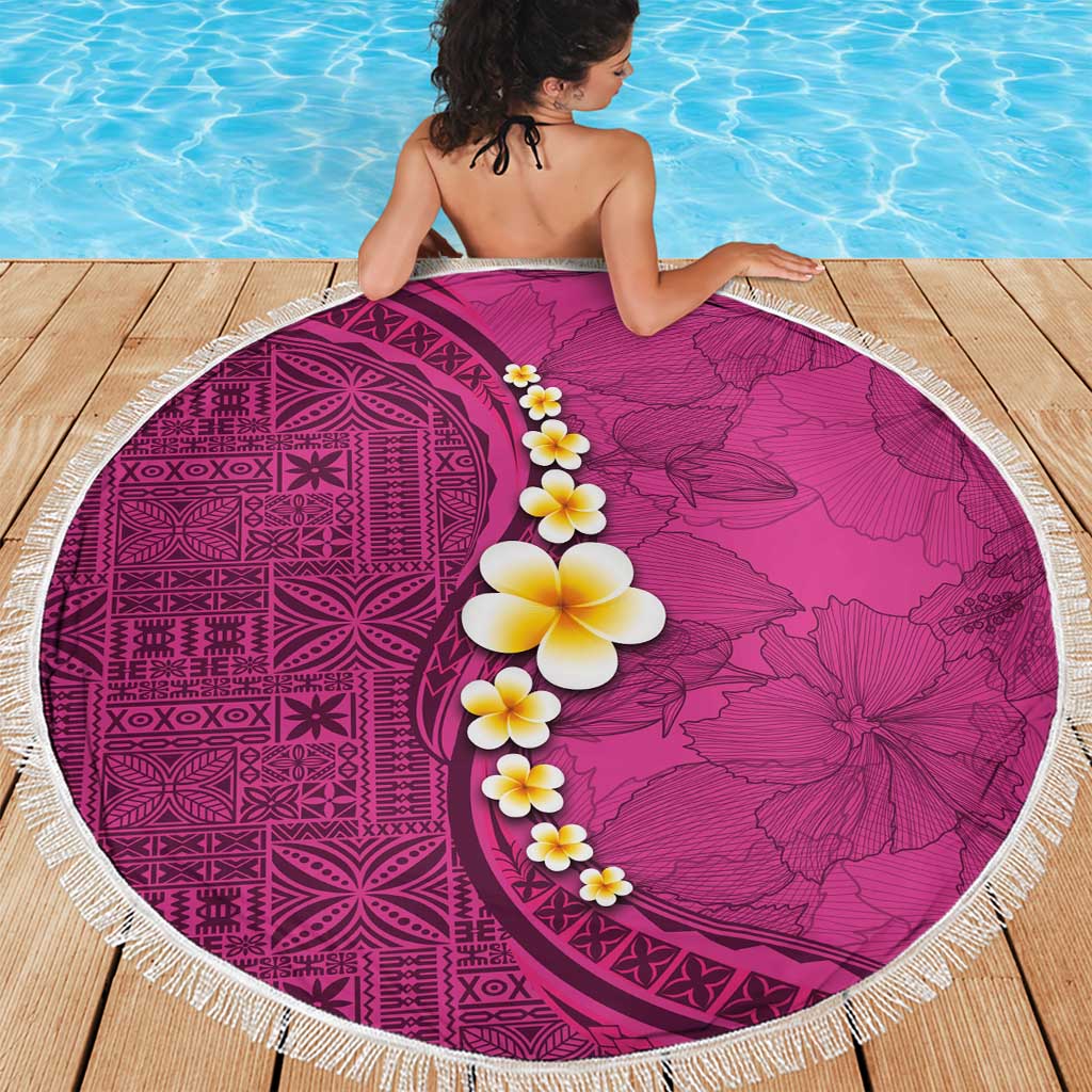 Polynesian Hibiscus and Plumeria with Tapa Pattern Beach Blanket Pink Color
