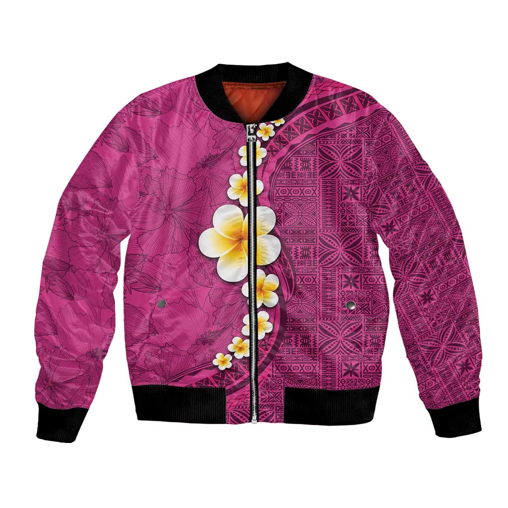 Polynesian Hibiscus and Plumeria with Tapa Pattern Bomber Jacket Pink Color LT03 Unisex Pink - Polynesian Pride