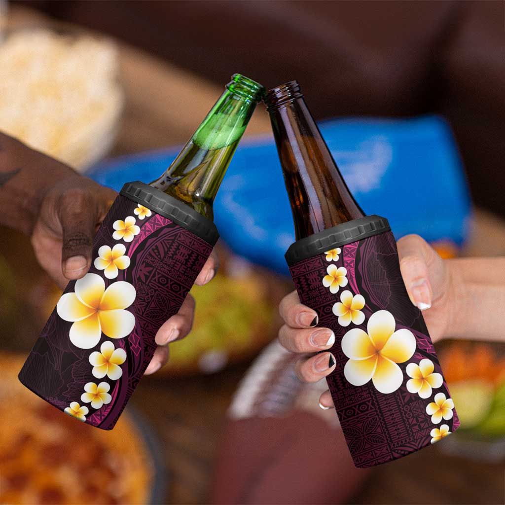 Polynesian Hibiscus and Plumeria with Tapa Pattern 4 in 1 Can Cooler Tumbler Pink Color