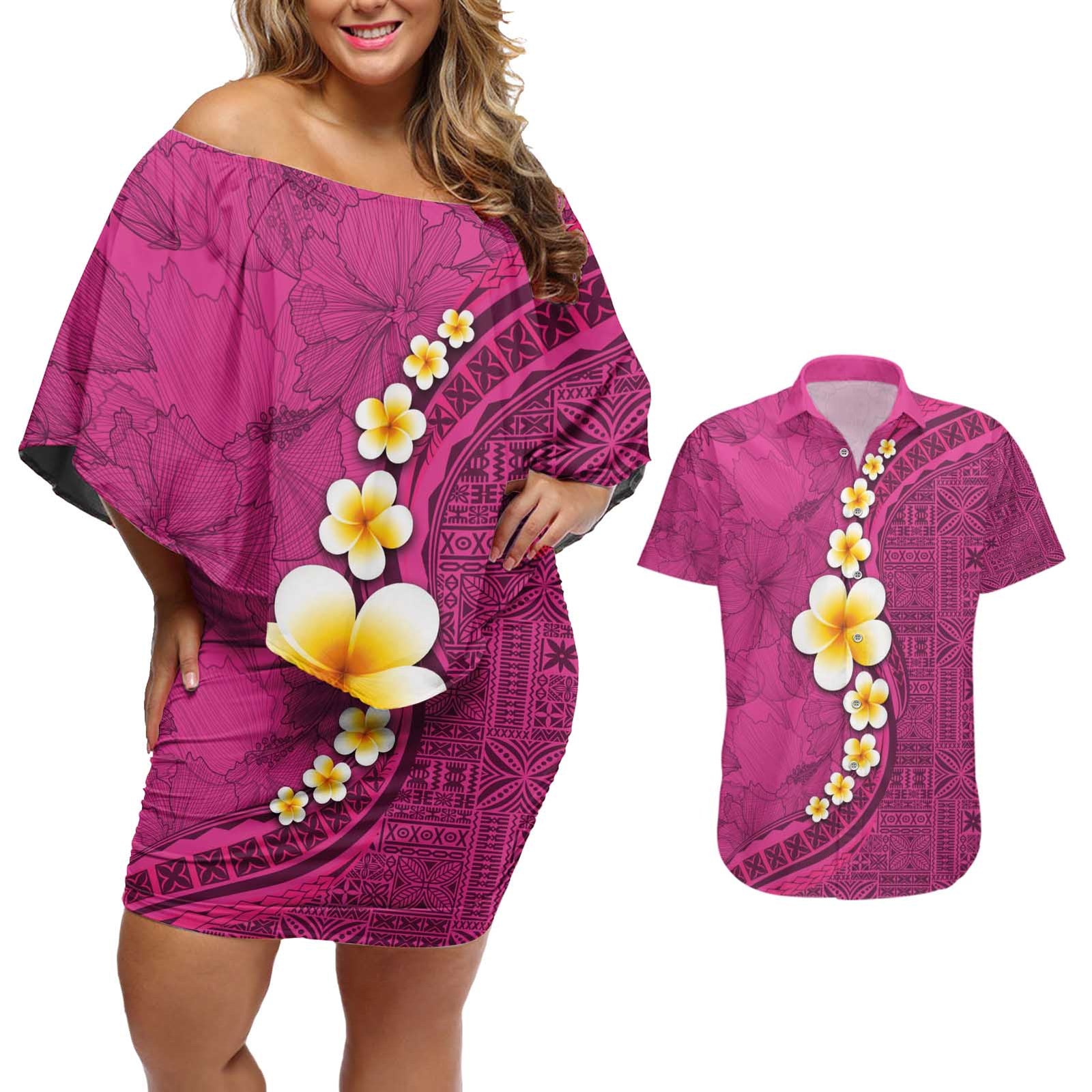 Polynesian Hibiscus and Plumeria with Tapa Pattern Couples Matching Off Shoulder Short Dress and Hawaiian Shirt Pink Color LT03 Pink - Polynesian Pride