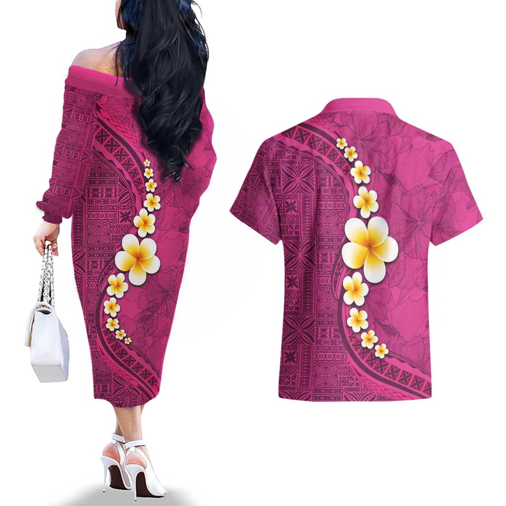 Polynesian Hibiscus and Plumeria with Tapa Pattern Couples Matching Off The Shoulder Long Sleeve Dress and Hawaiian Shirt Pink Color