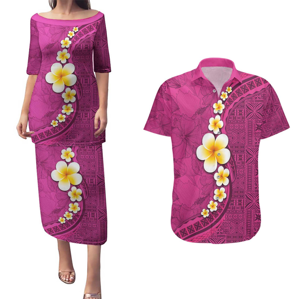Polynesian Hibiscus and Plumeria with Tapa Pattern Couples Matching Puletasi and Hawaiian Shirt Pink Color