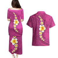 Polynesian Hibiscus and Plumeria with Tapa Pattern Couples Matching Puletasi and Hawaiian Shirt Pink Color