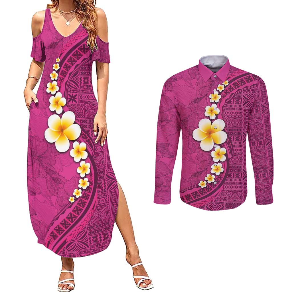 Polynesian Hibiscus and Plumeria with Tapa Pattern Couples Matching Summer Maxi Dress and Long Sleeve Button Shirt Pink Color