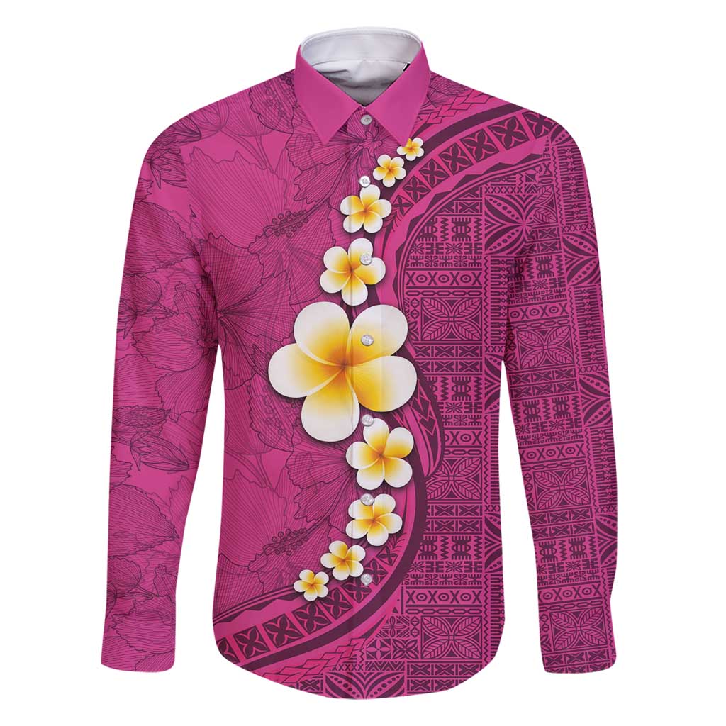 Polynesian Hibiscus and Plumeria with Tapa Pattern Family Matching Mermaid Dress and Hawaiian Shirt Pink Color LT03 Dad's Shirt - Long Sleeve Pink - Polynesian Pride