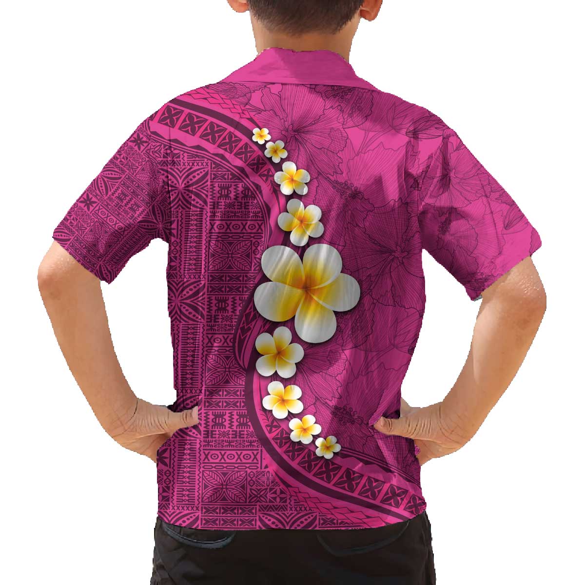 Polynesian Hibiscus and Plumeria with Tapa Pattern Family Matching Off The Shoulder Long Sleeve Dress and Hawaiian Shirt Pink Color LT03 - Polynesian Pride