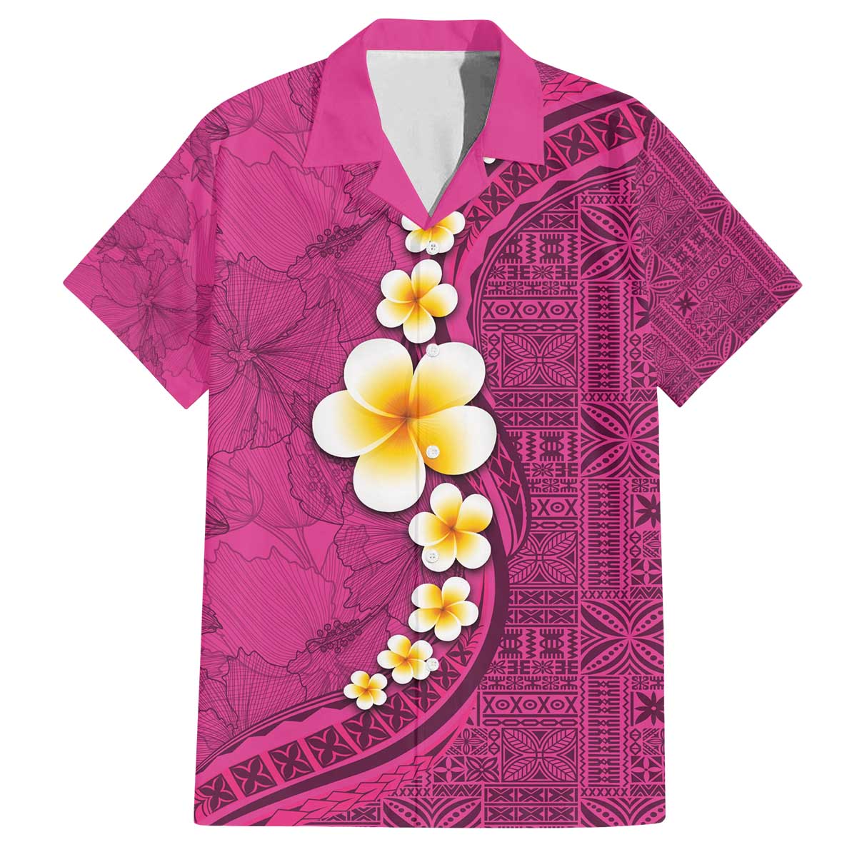 Polynesian Hibiscus and Plumeria with Tapa Pattern Family Matching Off The Shoulder Long Sleeve Dress and Hawaiian Shirt Pink Color LT03 Dad's Shirt - Short Sleeve Pink - Polynesian Pride