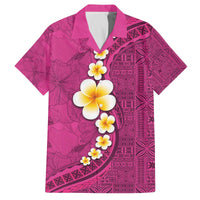 Polynesian Hibiscus and Plumeria with Tapa Pattern Family Matching Off The Shoulder Long Sleeve Dress and Hawaiian Shirt Pink Color LT03 Dad's Shirt - Short Sleeve Pink - Polynesian Pride