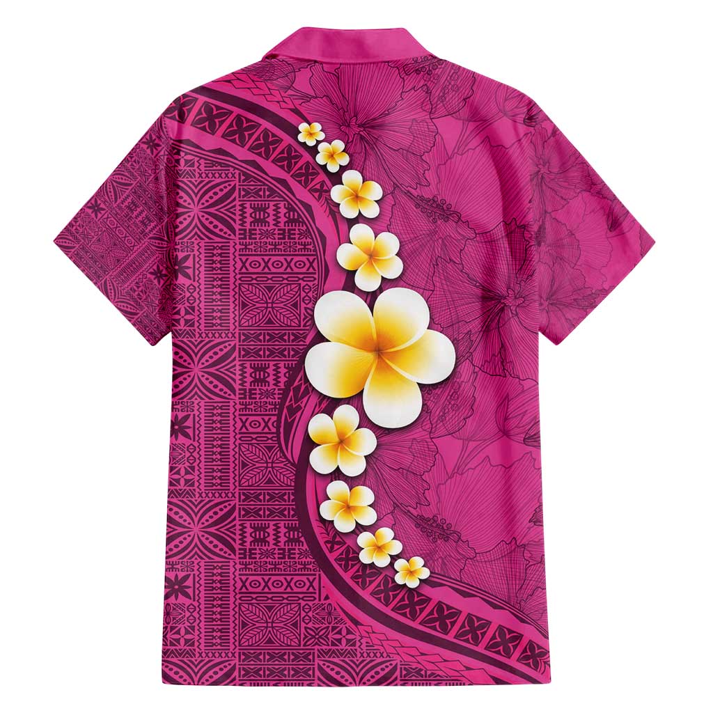 Polynesian Hibiscus and Plumeria with Tapa Pattern Family Matching Off Shoulder Maxi Dress and Hawaiian Shirt Pink Color