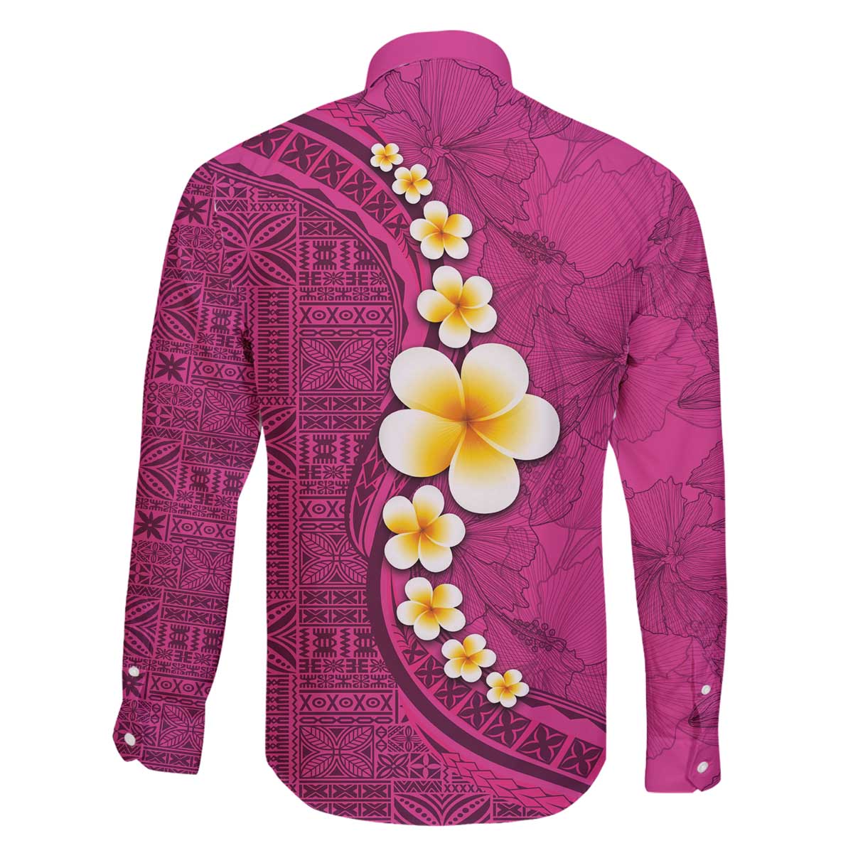 Polynesian Hibiscus and Plumeria with Tapa Pattern Family Matching Off Shoulder Short Dress and Hawaiian Shirt Pink Color