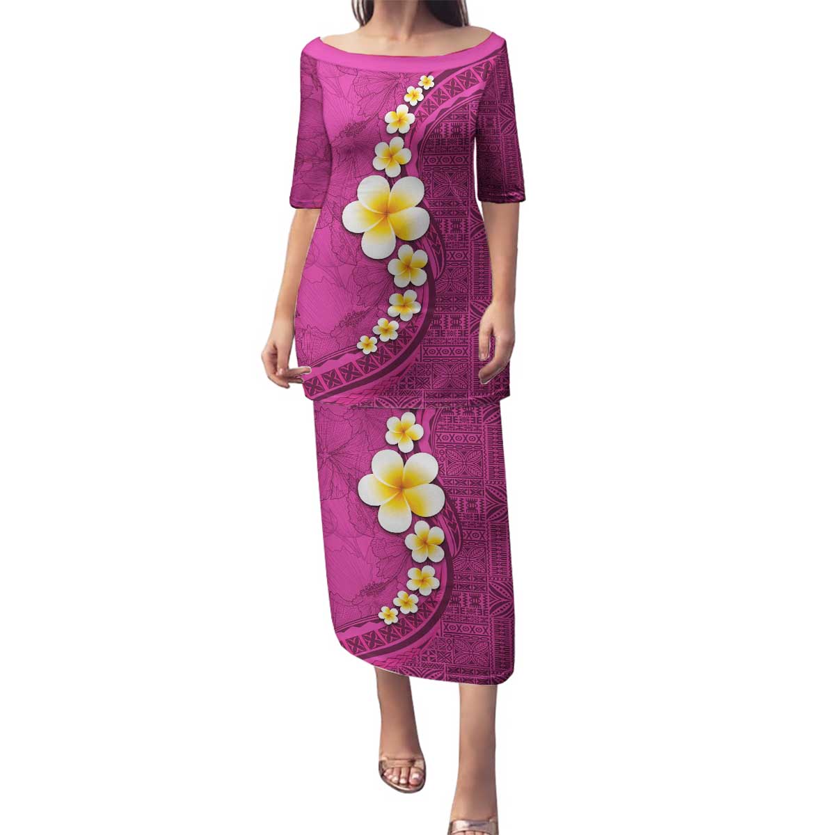 Polynesian Hibiscus and Plumeria with Tapa Pattern Family Matching Puletasi and Hawaiian Shirt Pink Color
