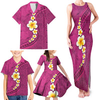 Polynesian Hibiscus and Plumeria with Tapa Pattern Family Matching Tank Maxi Dress and Hawaiian Shirt Pink Color