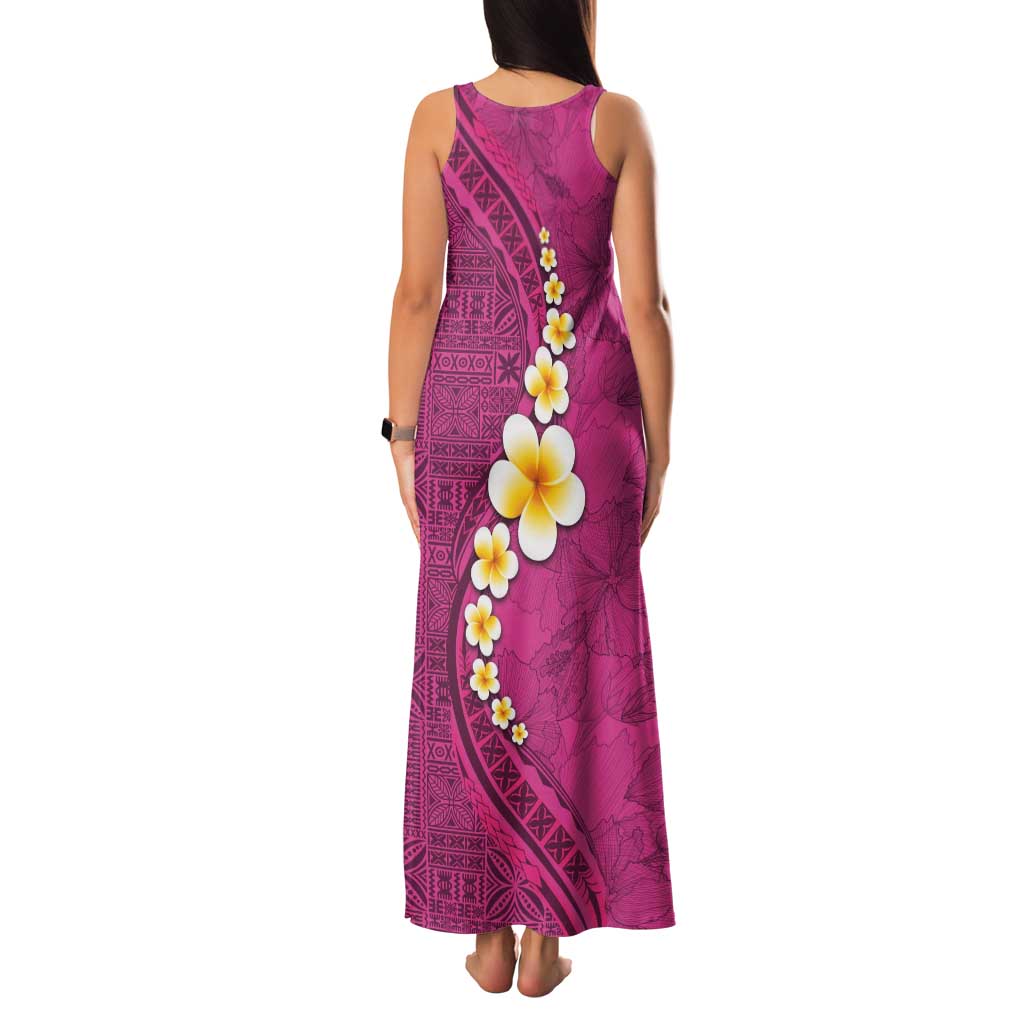 Polynesian Hibiscus and Plumeria with Tapa Pattern Family Matching Tank Maxi Dress and Hawaiian Shirt Pink Color