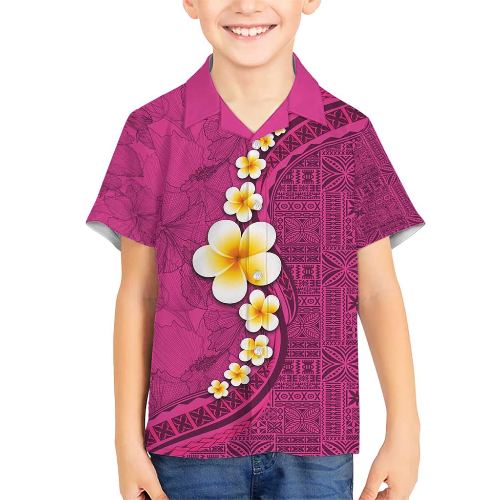 Polynesian Hibiscus and Plumeria with Tapa Pattern Kid Hawaiian Shirt Pink Color