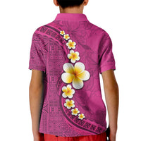 Polynesian Hibiscus and Plumeria with Tapa Pattern Kid Polo Shirt Pink Color