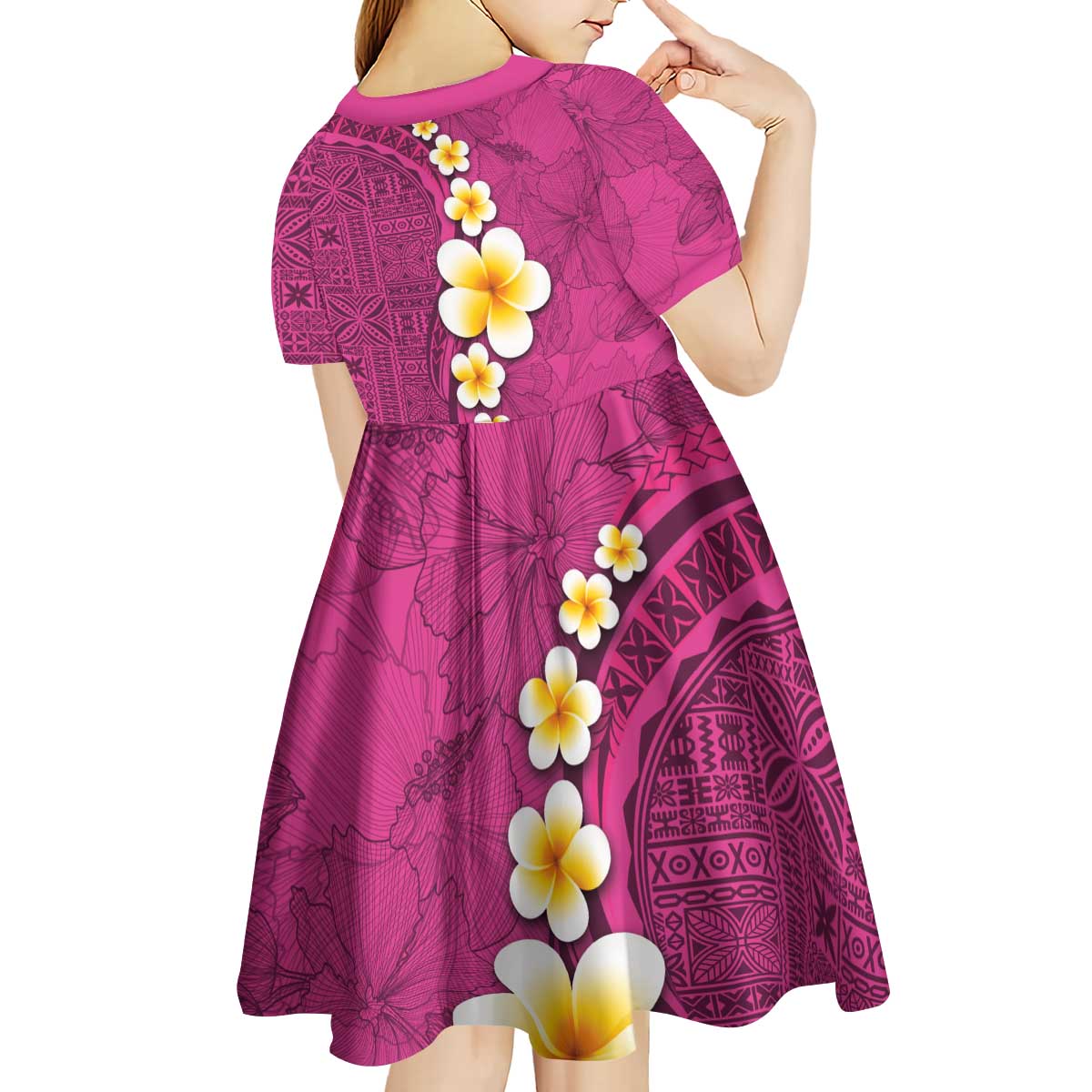Polynesian Hibiscus and Plumeria with Tapa Pattern Kid Short Sleeve Dress Pink Color