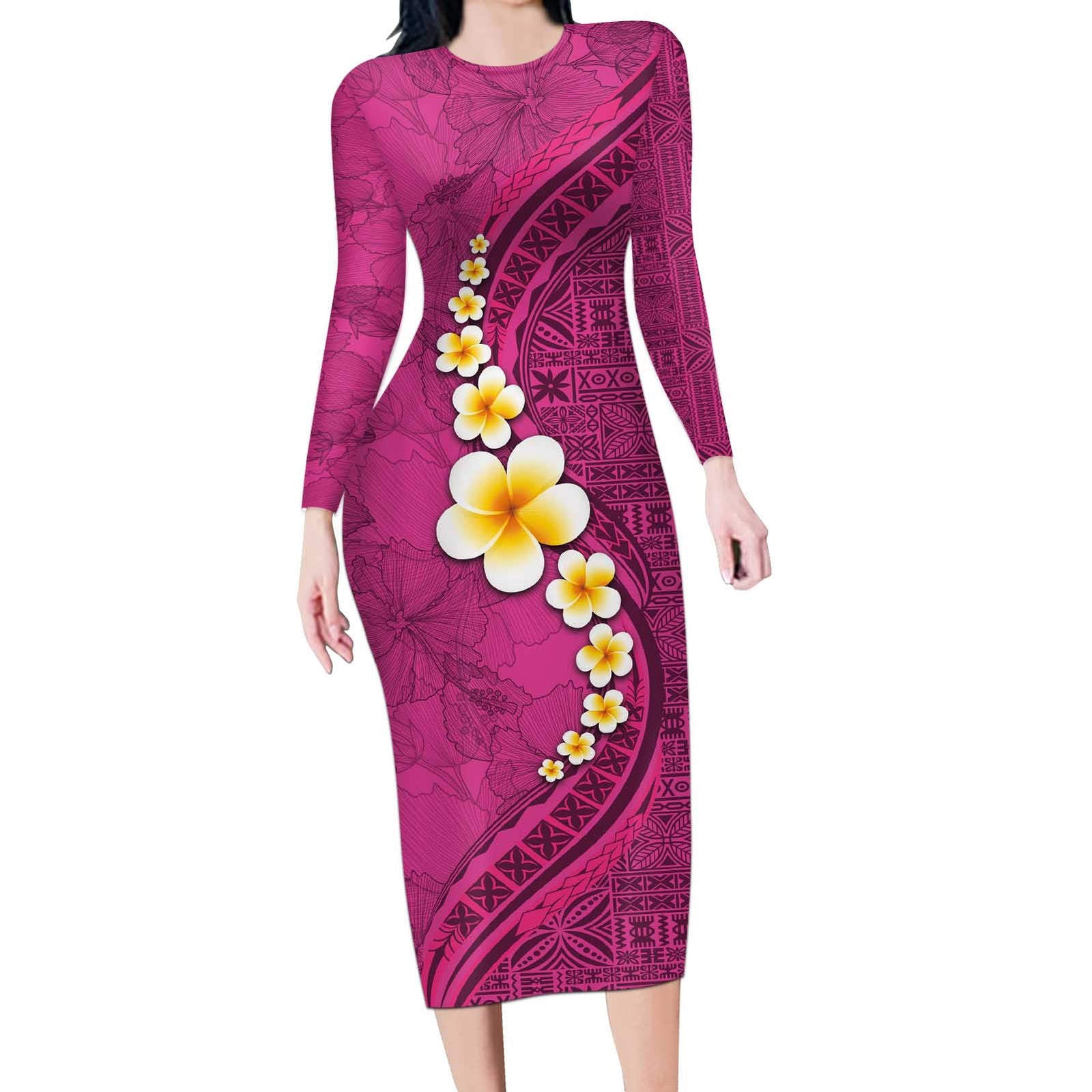 Polynesian Hibiscus and Plumeria with Tapa Pattern Long Sleeve Bodycon Dress Pink Color LT03 Long Dress Pink - Polynesian Pride