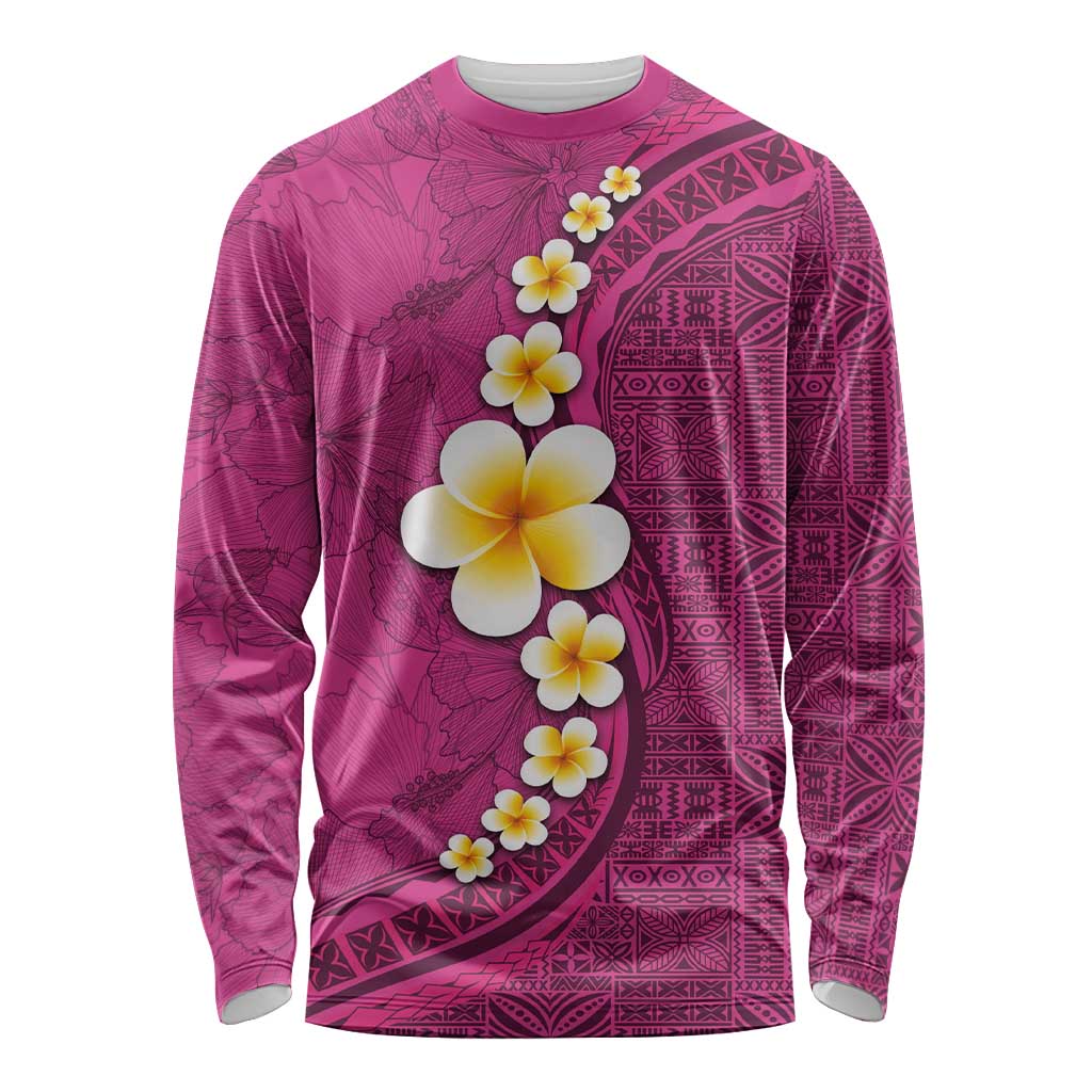 Polynesian Hibiscus and Plumeria with Tapa Pattern Long Sleeve Shirt Pink Color LT03 Unisex Pink - Polynesian Pride