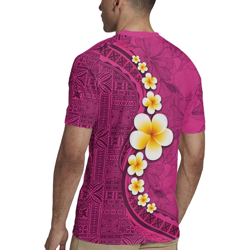 Polynesian Hibiscus and Plumeria with Tapa Pattern Rugby Jersey Pink Color