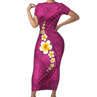 Polynesian Hibiscus and Plumeria with Tapa Pattern Short Sleeve Bodycon Dress Pink Color LT03 Long Dress Pink - Polynesian Pride