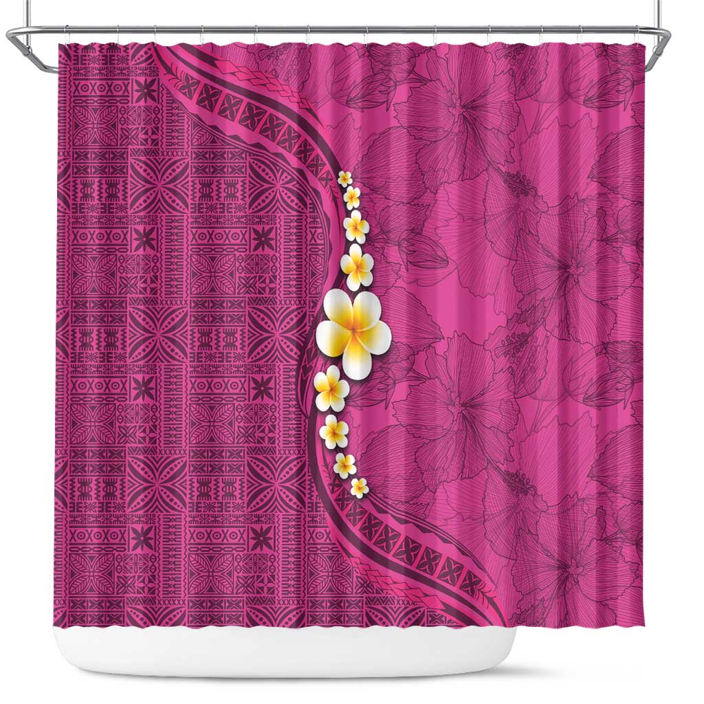 Polynesian Hibiscus and Plumeria with Tapa Pattern Shower Curtain Pink Color LT03 Pink - Polynesian Pride