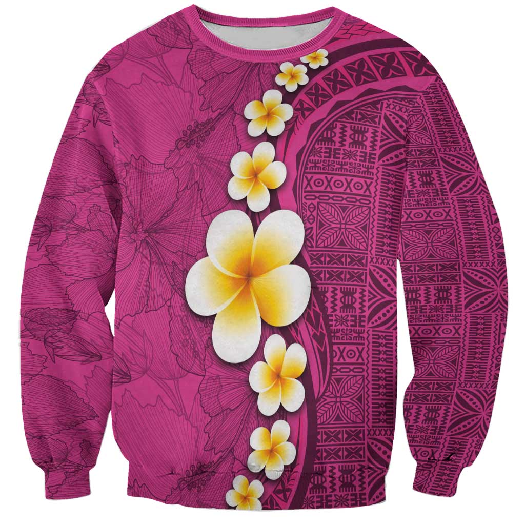 Polynesian Hibiscus and Plumeria with Tapa Pattern Sweatshirt Pink Color