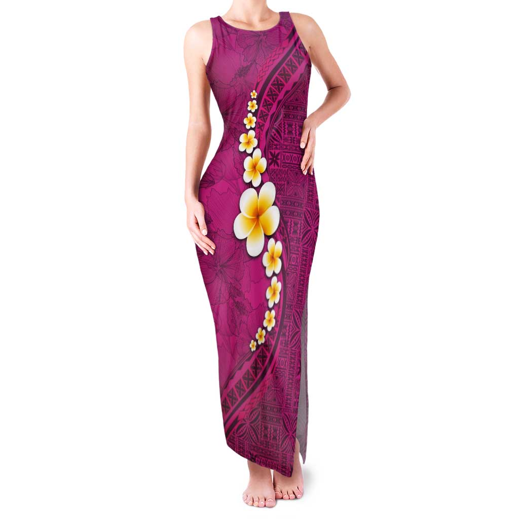 Polynesian Hibiscus and Plumeria with Tapa Pattern Tank Maxi Dress Pink Color