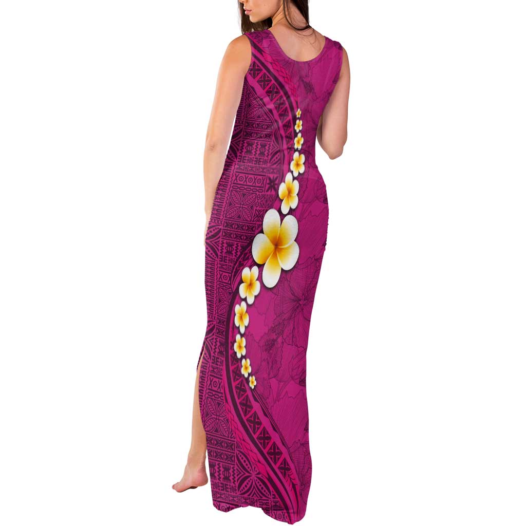 Polynesian Hibiscus and Plumeria with Tapa Pattern Tank Maxi Dress Pink Color