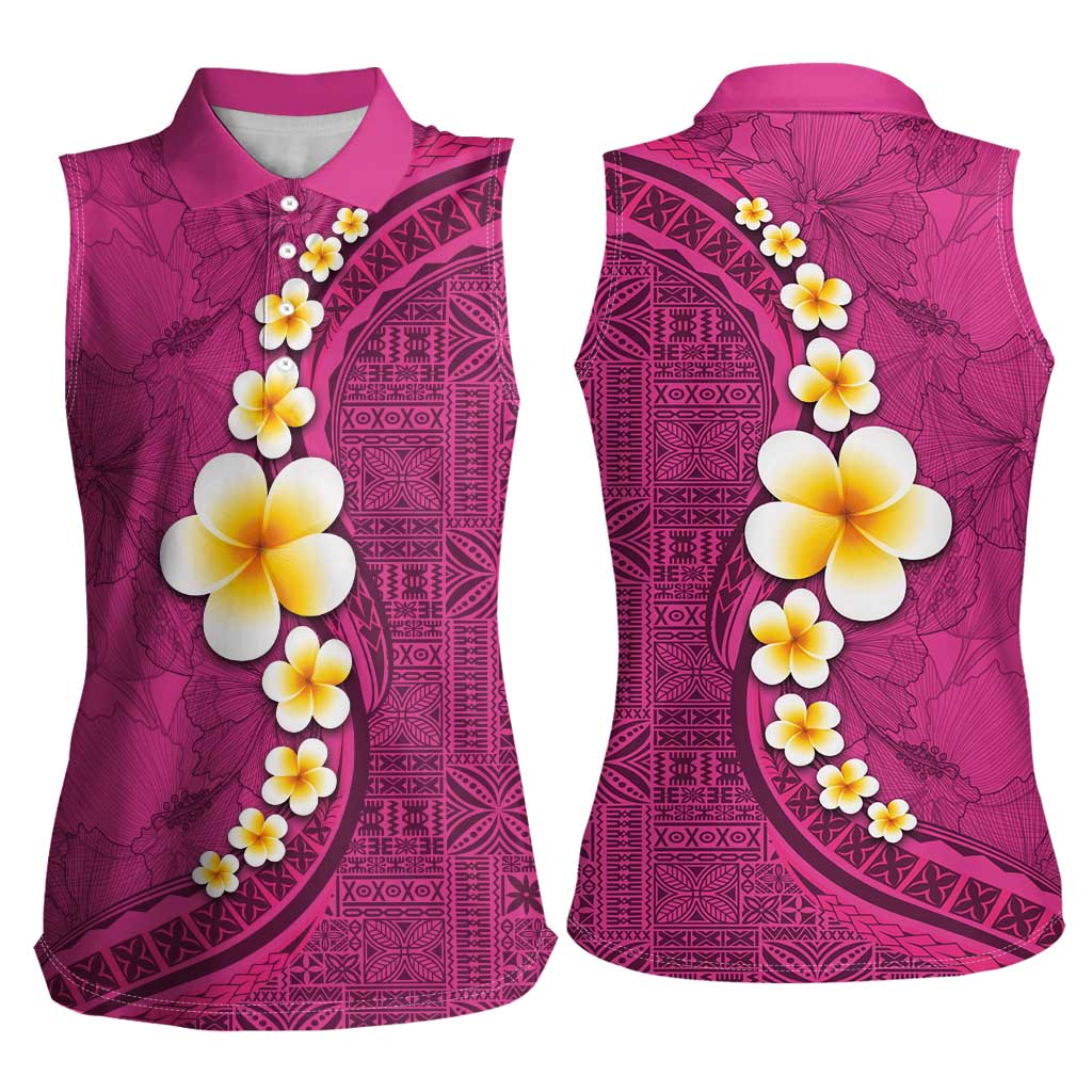 Polynesian Hibiscus and Plumeria with Tapa Pattern Women Sleeveless Polo Shirt Pink Color