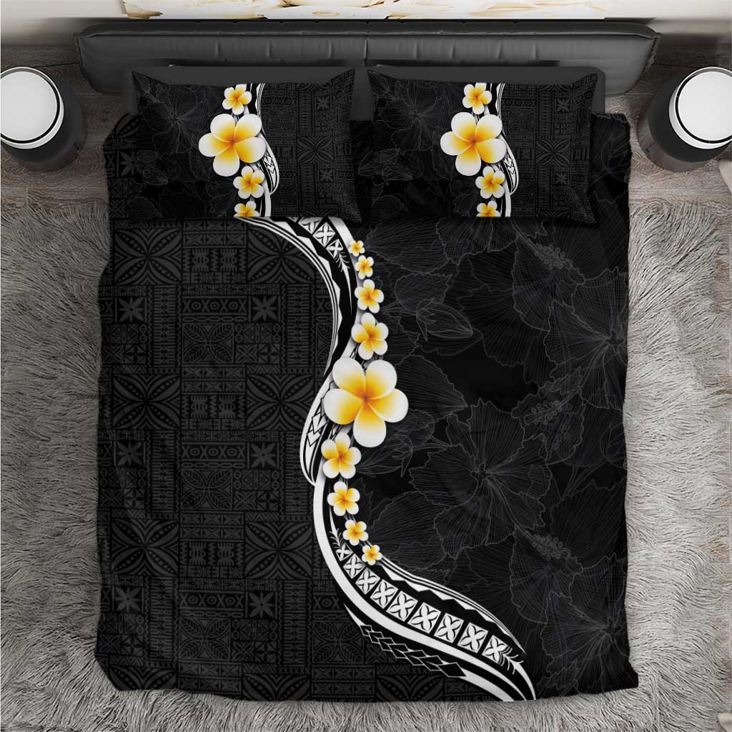 Pacific Hibiscus and Plumeria with Tapa Pattern Bedding Set Black Color LT03 Black - Polynesian Pride