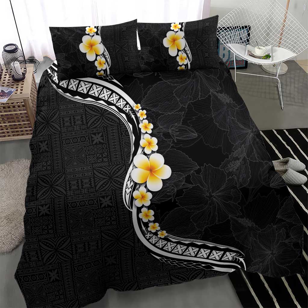 Pacific Hibiscus and Plumeria with Tapa Pattern Bedding Set Black Color LT03 - Polynesian Pride