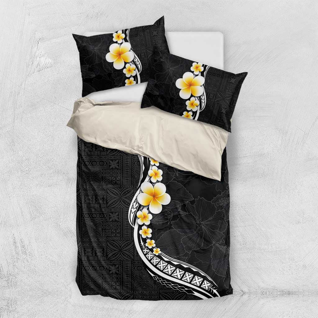 Pacific Hibiscus and Plumeria with Tapa Pattern Bedding Set Black Color LT03 US Twin 172cm x 218cm Black - Polynesian Pride