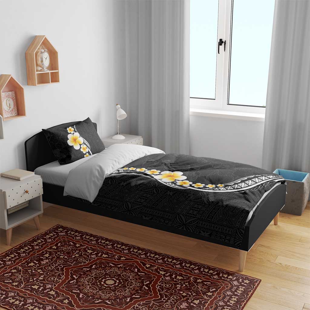 Pacific Hibiscus and Plumeria with Tapa Pattern Bedding Set Black Color LT03 - Polynesian Pride