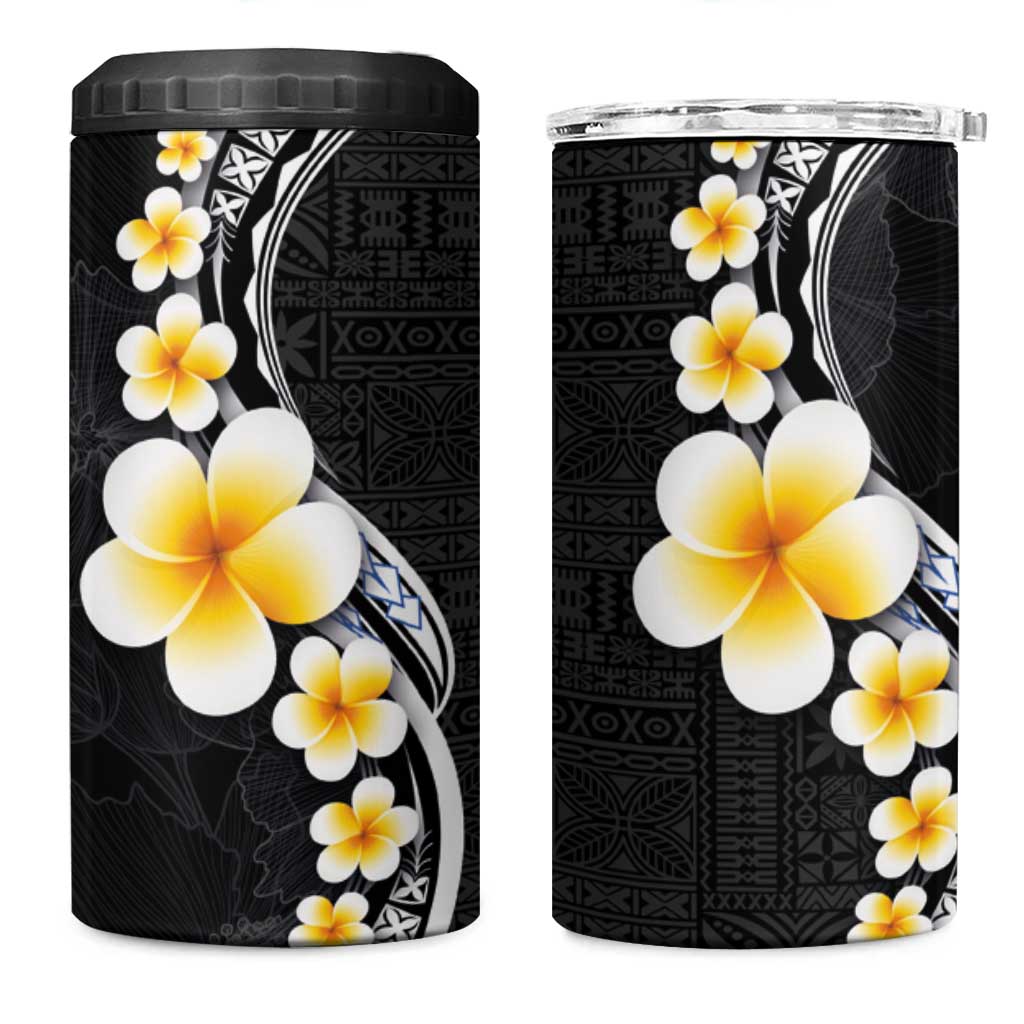 Pacific Hibiscus and Plumeria with Tapa Pattern 4 in 1 Can Cooler Tumbler Black Color LT03 One Size: 16 oz Black - Polynesian Pride