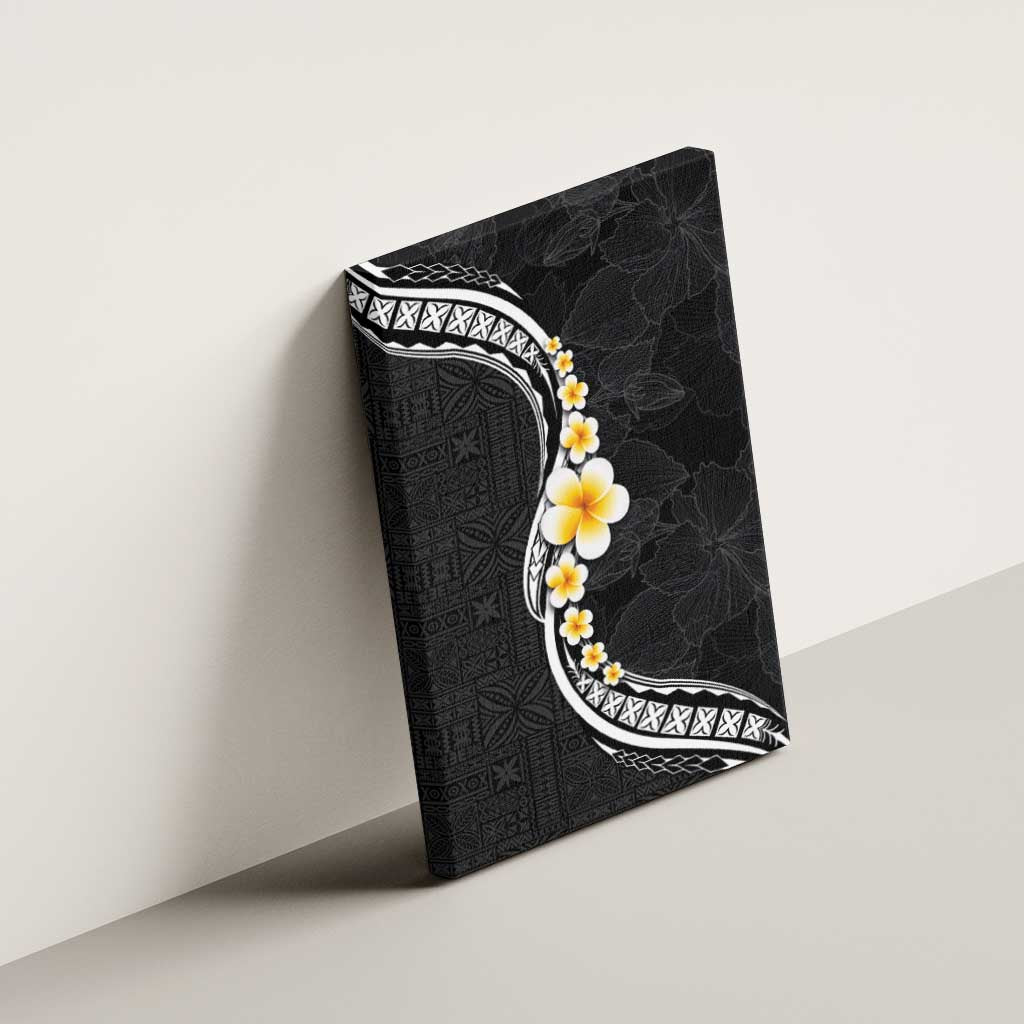 Pacific Hibiscus and Plumeria with Tapa Pattern Canvas Wall Art Black Color