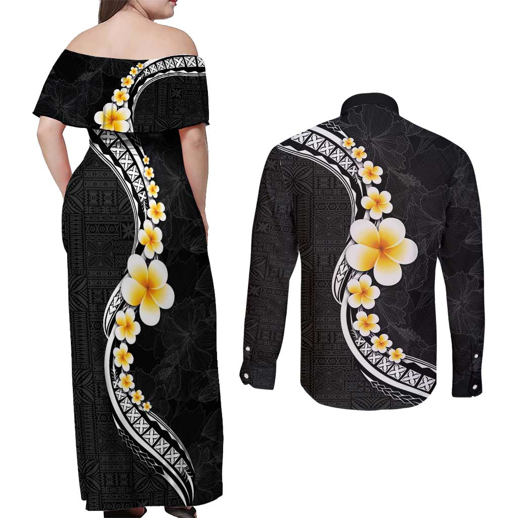 Pacific Hibiscus and Plumeria with Tapa Pattern Couples Matching Off Shoulder Maxi Dress and Long Sleeve Button Shirt Black Color LT03 - Polynesian Pride