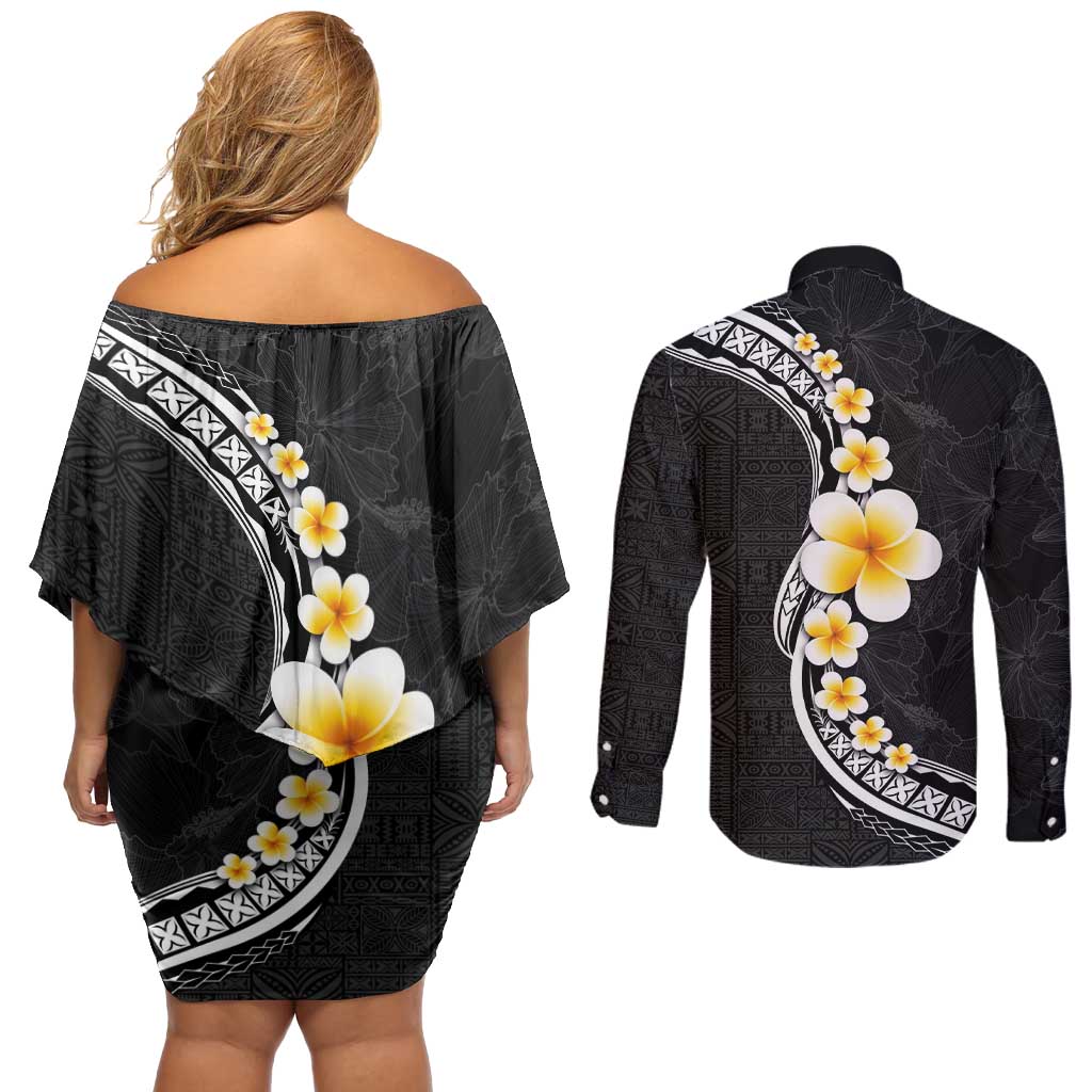Pacific Hibiscus and Plumeria with Tapa Pattern Couples Matching Off Shoulder Short Dress and Long Sleeve Button Shirt Black Color LT03 - Polynesian Pride