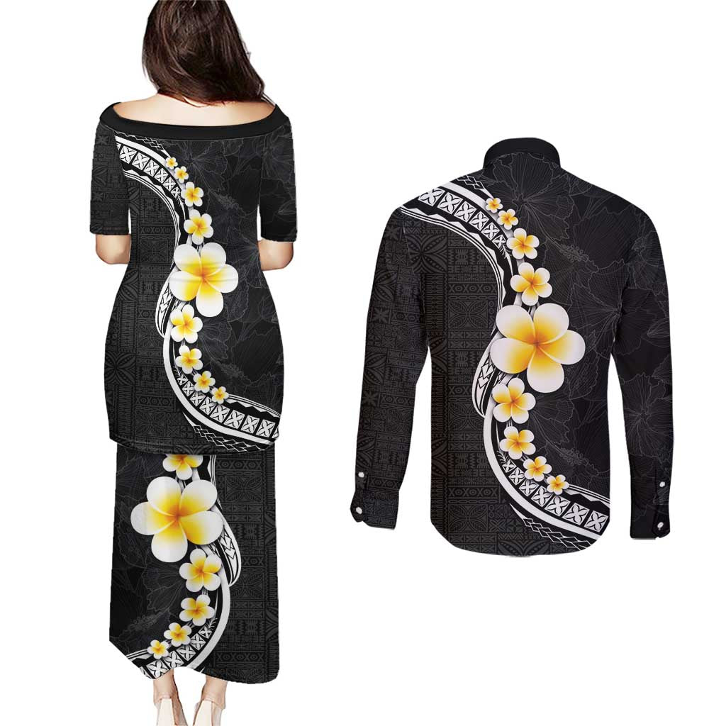 Pacific Hibiscus and Plumeria with Tapa Pattern Couples Matching Puletasi and Long Sleeve Button Shirt Black Color