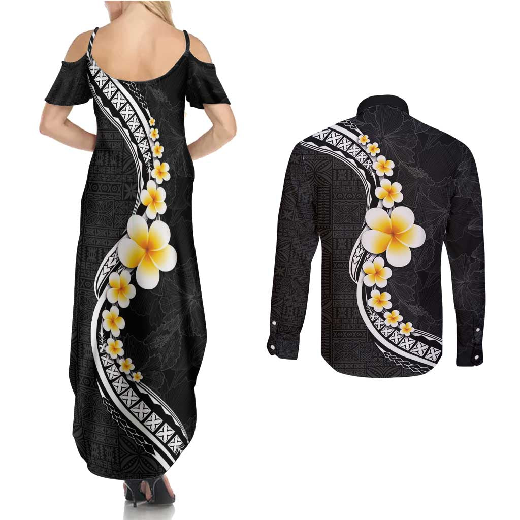 Pacific Hibiscus and Plumeria with Tapa Pattern Couples Matching Summer Maxi Dress and Long Sleeve Button Shirt Black Color LT03 - Polynesian Pride
