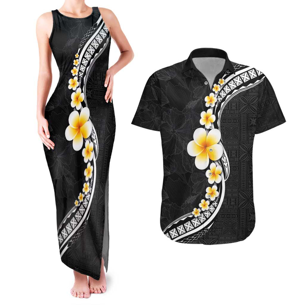 Pacific Hibiscus and Plumeria with Tapa Pattern Couples Matching Tank Maxi Dress and Hawaiian Shirt Black Color LT03 Black - Polynesian Pride