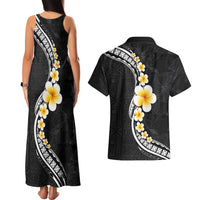 Pacific Hibiscus and Plumeria with Tapa Pattern Couples Matching Tank Maxi Dress and Hawaiian Shirt Black Color
