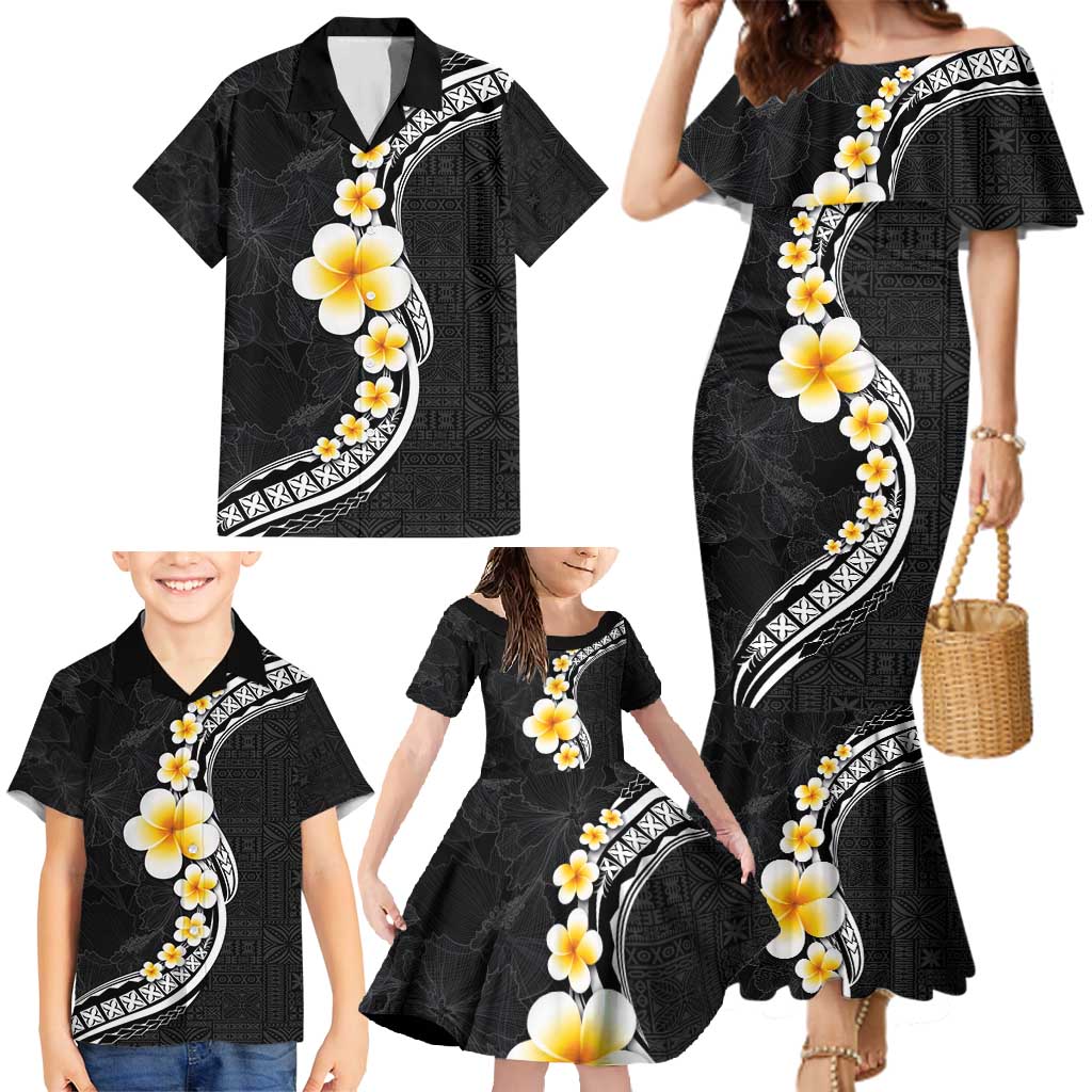 Pacific Hibiscus and Plumeria with Tapa Pattern Family Matching Mermaid Dress and Hawaiian Shirt Black Color LT03 - Polynesian Pride