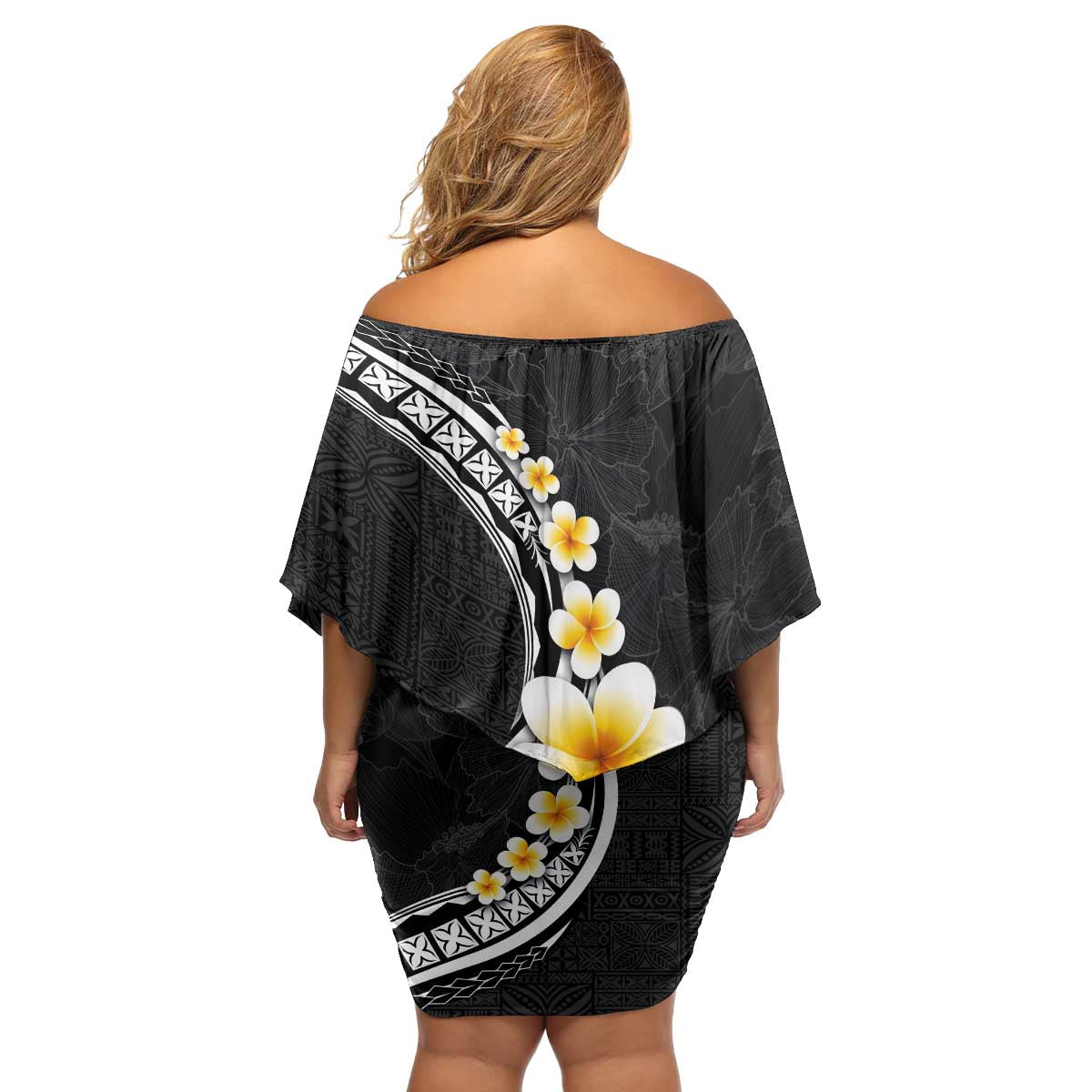 Pacific Hibiscus and Plumeria with Tapa Pattern Family Matching Off Shoulder Short Dress and Hawaiian Shirt Black Color
