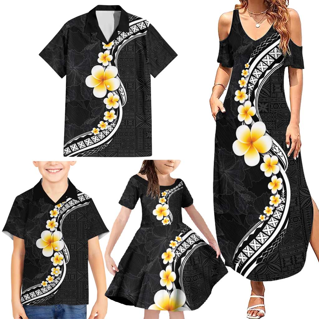 Pacific Hibiscus and Plumeria with Tapa Pattern Family Matching Summer Maxi Dress and Hawaiian Shirt Black Color LT03 - Polynesian Pride