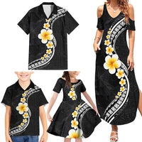 Pacific Hibiscus and Plumeria with Tapa Pattern Family Matching Summer Maxi Dress and Hawaiian Shirt Black Color