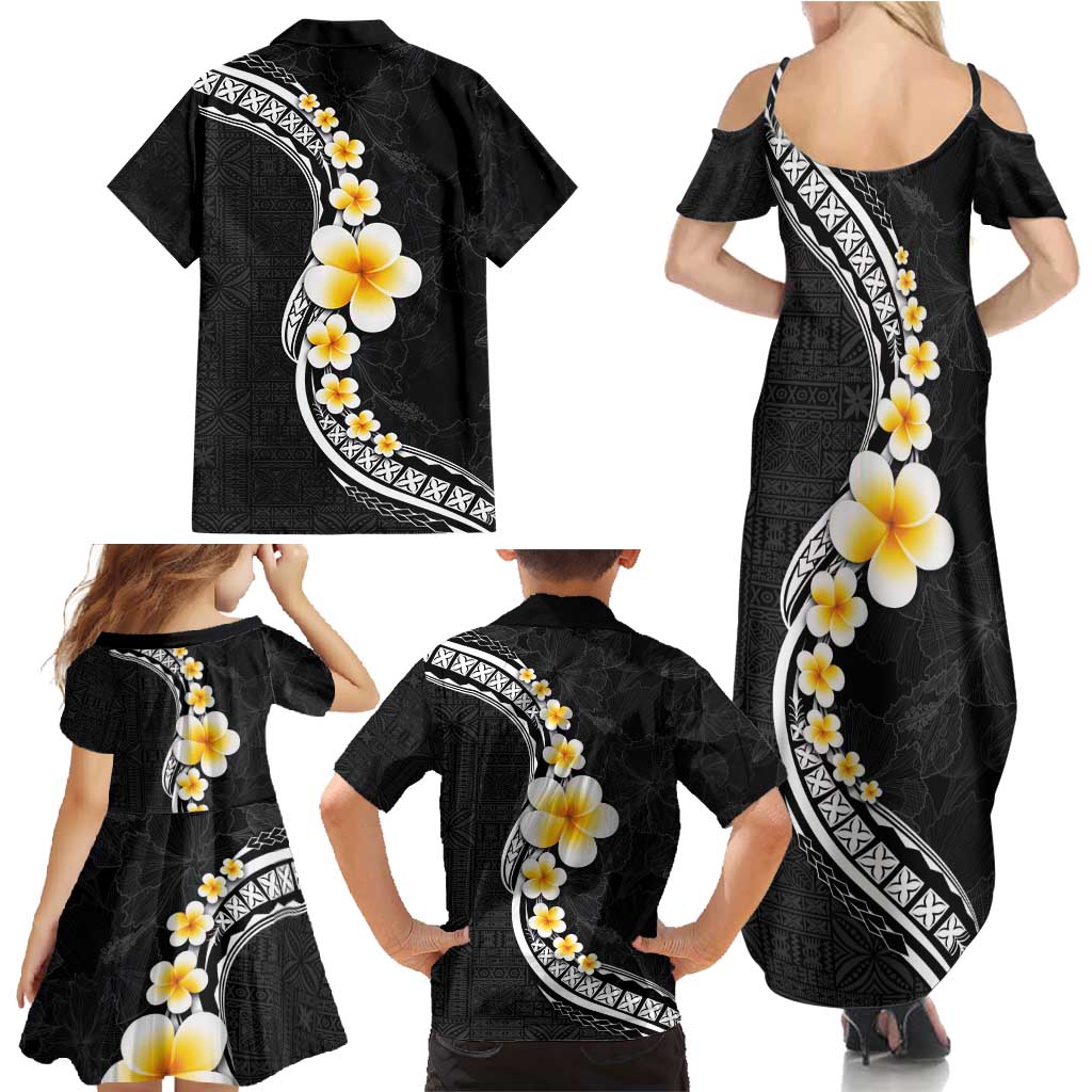 Pacific Hibiscus and Plumeria with Tapa Pattern Family Matching Summer Maxi Dress and Hawaiian Shirt Black Color