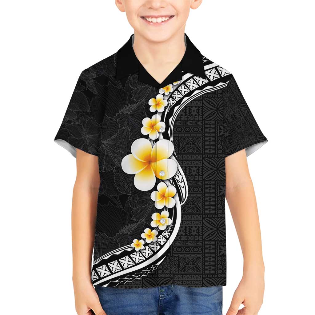 Pacific Hibiscus and Plumeria with Tapa Pattern Family Matching Summer Maxi Dress and Hawaiian Shirt Black Color
