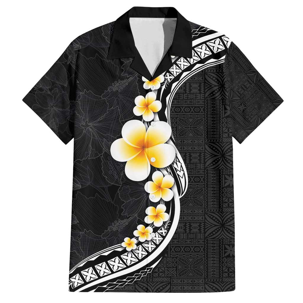 Pacific Hibiscus and Plumeria with Tapa Pattern Family Matching Tank Maxi Dress and Hawaiian Shirt Black Color LT03 Dad's Shirt - Short Sleeve Black - Polynesian Pride