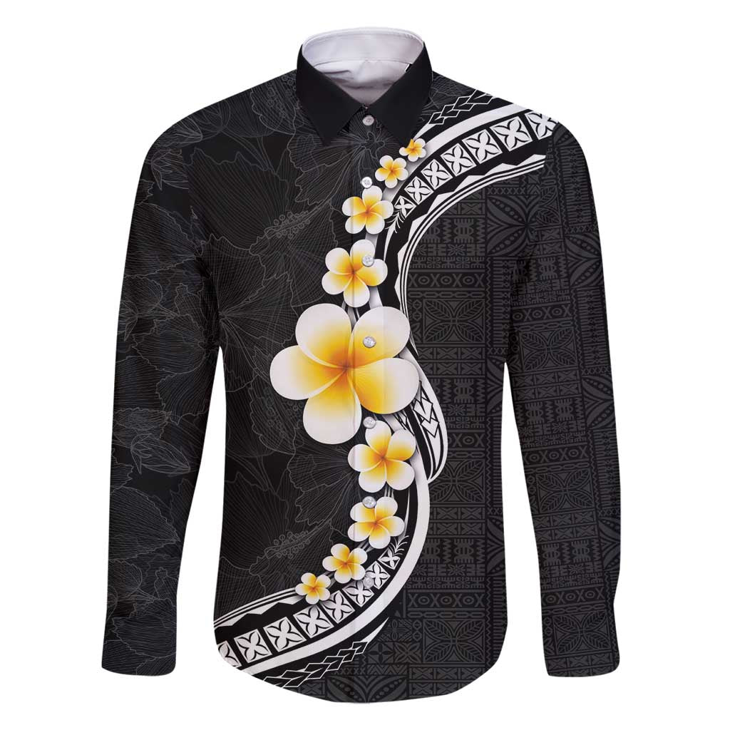 Pacific Hibiscus and Plumeria with Tapa Pattern Family Matching Tank Maxi Dress and Hawaiian Shirt Black Color LT03 Dad's Shirt - Long Sleeve Black - Polynesian Pride